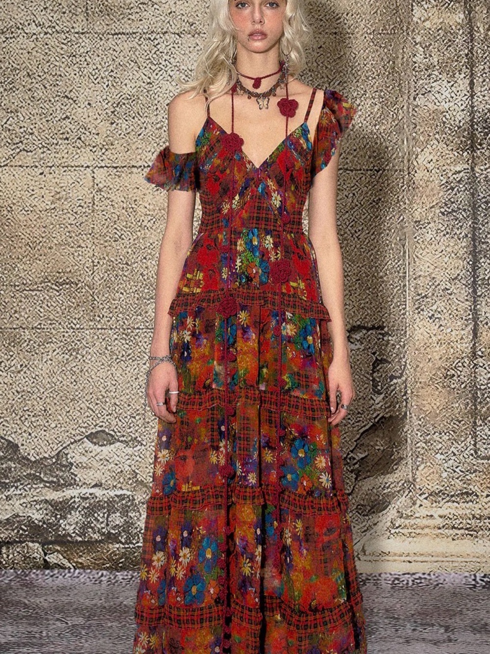 Floral Plaid Red Boho Maxi Dress with Spaghetti Straps nwt - Picture 6 of 10